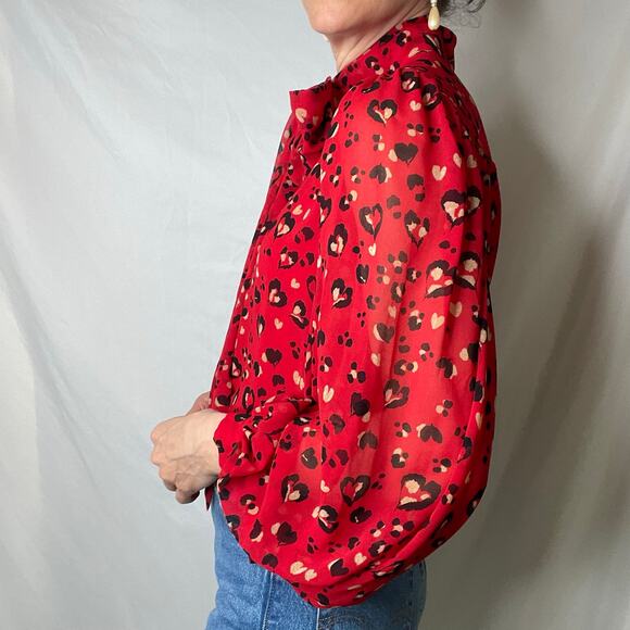 Chico’s heart animal leopard print blouse‎ tie neck bow balloon sleeve red black - Picture 12 of 17